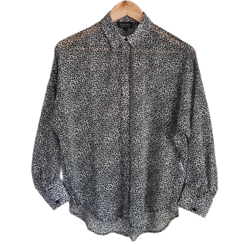‼️SOLD💕🔥 TOPSHOP EUC Women 6 Semi-Sheer Hi-Lo Black White Star Pattern Blouse - Picture 4 of 16